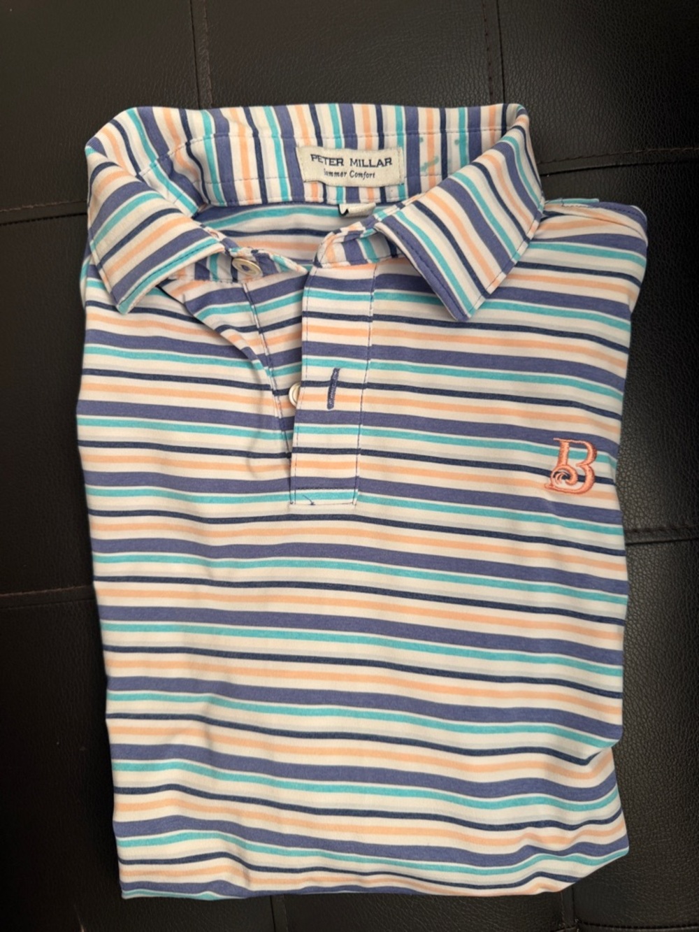 Peter Millar Pastel Striped Polo in Navy, Teal & Peach